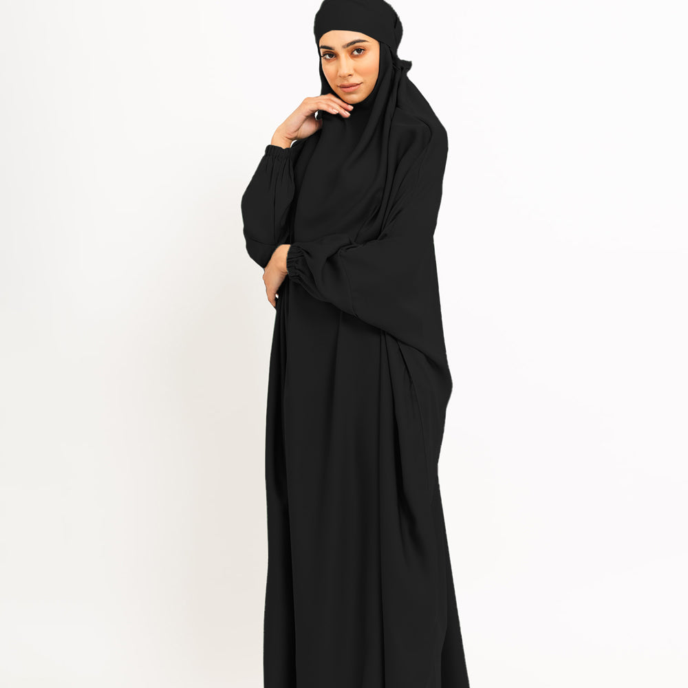 Khimar noir avec poignets élastiques et lien dans le dos